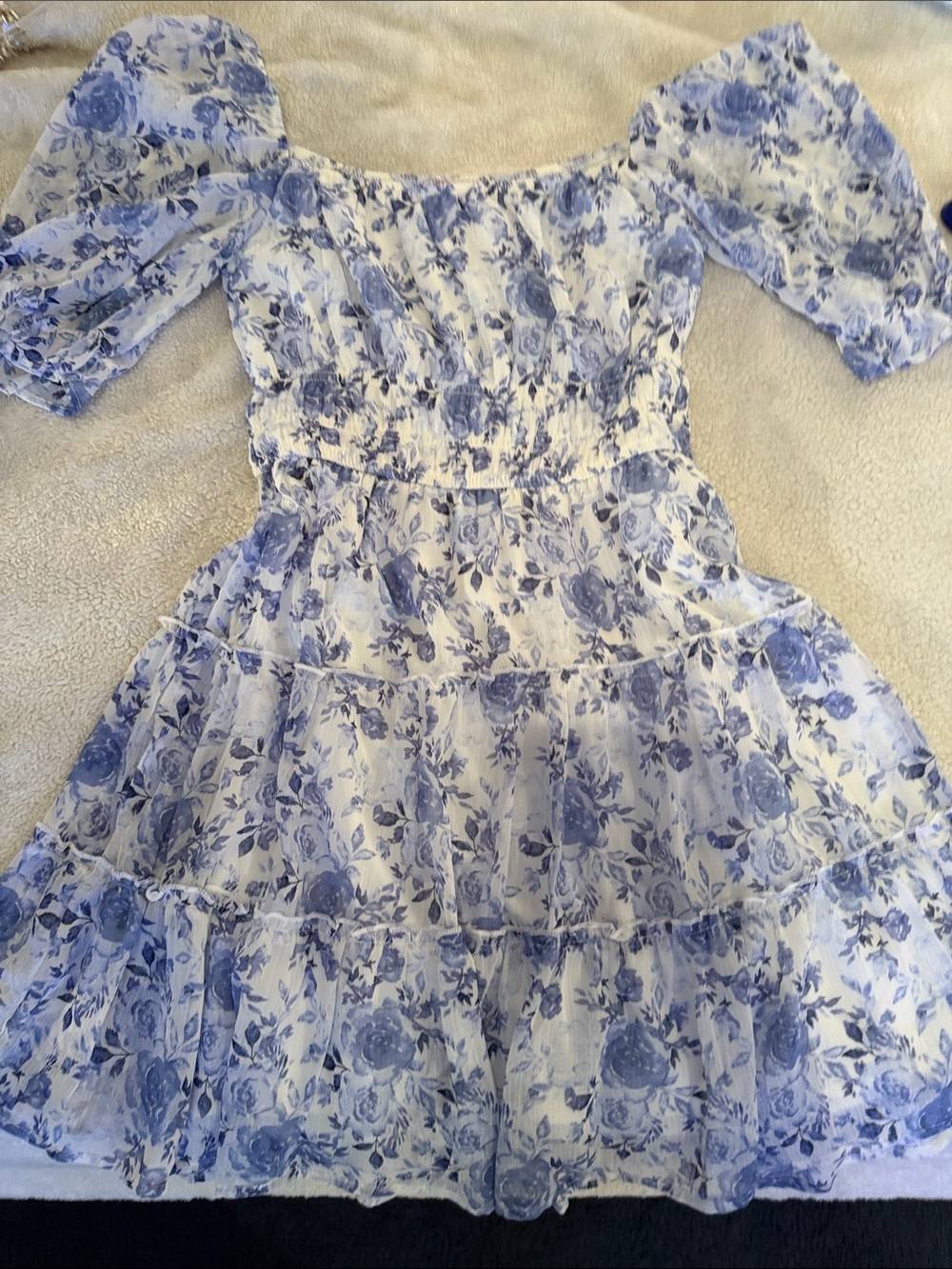 Blue Floral Tiered Puff-Sleeve Kids Dress